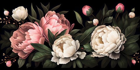 Wall Mural - beautiful flowers on Dark backdrop. Floristic decoration. Natural floral background, Ai genenrative