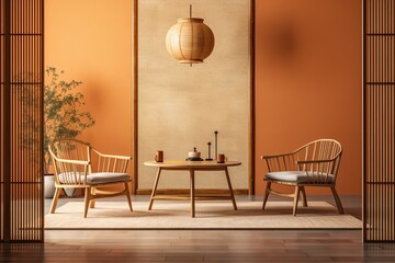 Sticker - Japanese tea ceremonial room mockup in orange and beige. Table, chairs, tatami. Japanese minimalism,. Generative AI