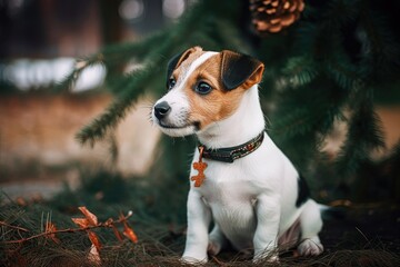 Canvas Print - adorable puppy Outside in the cold, a Jack Russell Terrier dog sits beneath the Christmas tree. Generative AI