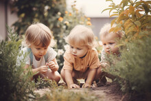 Small Kids Playing In The Garden. Generative AI