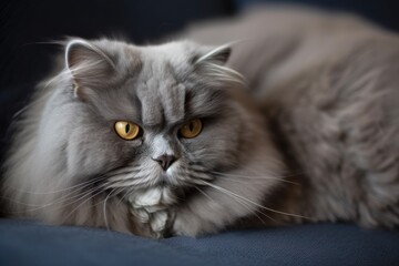 Poster - Gray fluffy cat curled up on the couch. Close up of a cat. Generative AI