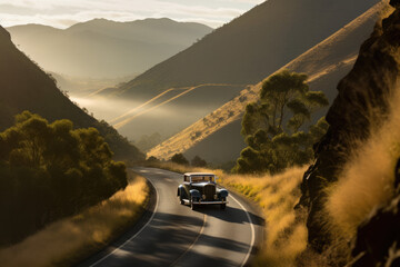 Vintage car driving on the road in the mountains at sunset. AI generative image.