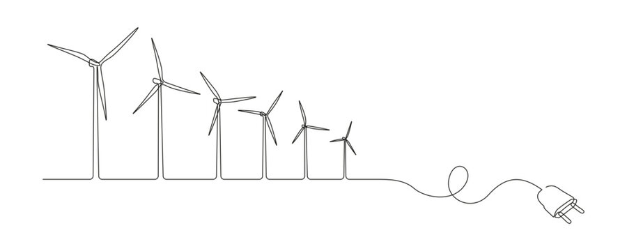 Wind turbines and plug in one continuous line drawing. Green energy and renewable source of power concept in simple linear style. Editable stroke. Doodle Vector illustration