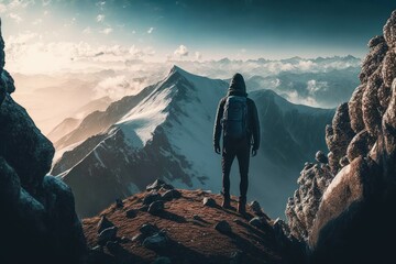 Canvas Print - Person looking from the top of a mountain. AI generated, human enhanced.