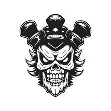 Skull Clown, Logo Concept Black And White Color, Hand Drawn Illustration