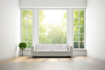 Poster - windowed interior of a house. White couch in an empty room. design for an architectural notion. Generative AI