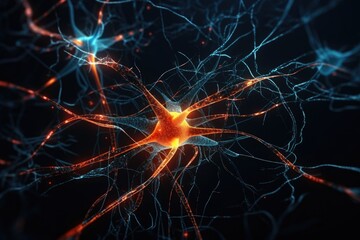 Poster - vibrant network of glowing orange and blue lights in abstract formation. generative ai