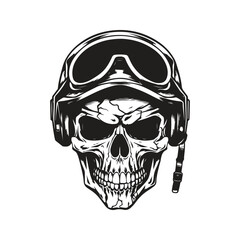 Sticker - skull with military helmet, logo concept black and white color, hand drawn illustration
