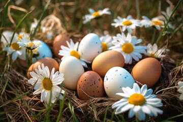 Wall Mural - birds nest filled with colorful eggs and surrounded by daisies. Generative AI