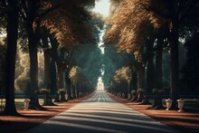 Panoramic View Of A Park Road In The Morning Sun, Taken Vertically Generative AI