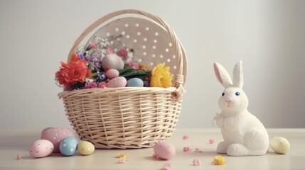 Cute easter bunny with eggs in a basket celebration spring easter eggs background