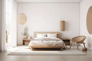 house interior backdrop, warm white bedroom with brilliant furnishings natural wooden tables, contem