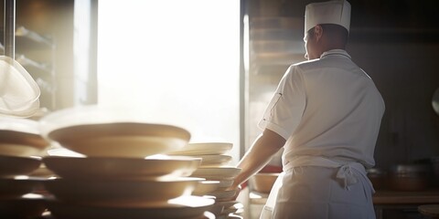 a chef travelling the world, cooking plates, seen from back, blurry movement, sunny light, generative IA