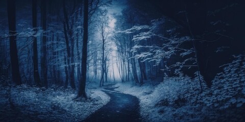 Wall Mural - Blue monochrome color haunted path in dark forest. superlative generative AI image.