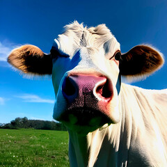 A white cow looking to the camera in a very green farm and blue sky background . Selfie cow. Mad Cow Disease. Generative AI.