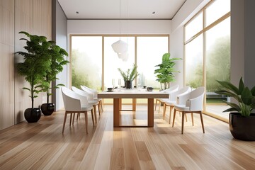 Poster - A contemporary room's interior features a wooden floor, white walls, and a dining table near a window. Generative AI