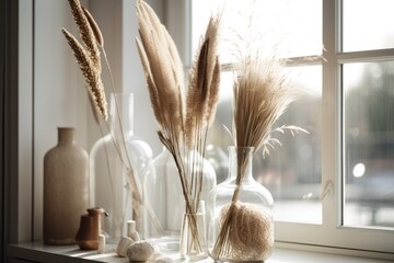 Canvas Print - Dry pampas grass in glass pots. Boho decor. Minimalist Scandinavian interiors. Generative AI