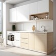 side view Minimalist kitchen in a small studio, functional and organized space, with a focus on simplicity and efficiency, generative IA