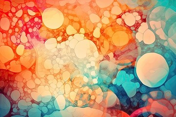 Poster - abstract painting with circular shapes resembling bubbles on a blue background. Generative AI