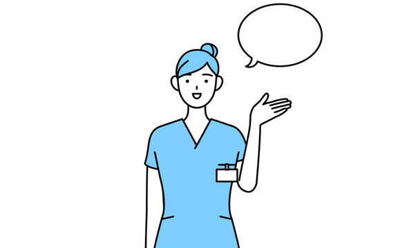 ふきだしつき、案内をする女性看護師、理学療法士、作業療法士、言語聴覚士、看護助手