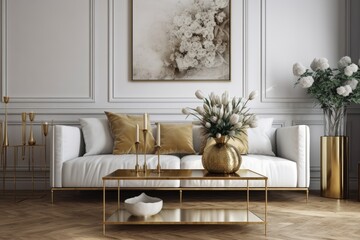 Poster - A unique living room in a modern setting with a design sofa, a coffee table plated in fine gold, faux poster frames, flowers in vases, decorations, and personalized home accents. Template. Generative