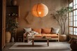 © AkuAku - White and orange wabi sabi living room with copy space. Pendant lit wooden and fabric couch. Japanese interiors. Generative AI