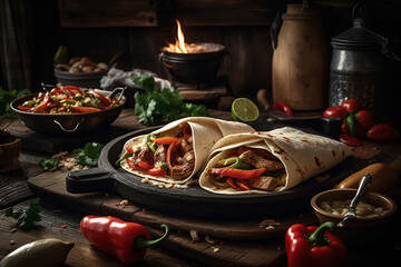 Wall Mural - horizontal top view Pork fajitas with onions and colored pepper served with tortill in the wood plate in Mexico, in professional background generative AI.