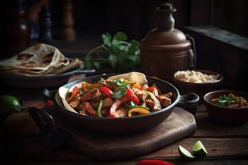 Wall Mural - horizontal top view Pork fajitas with onions and colored pepper served with tortill in the wood plate in Mexico, in professional background generative AI.