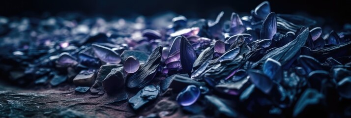 Wall Mural - Blue and purple amethyst gemstone chips, sparkling and lustrous crystals scattered on rocky floor, shallow depth of field bokeh blur background, macro closeup - generative AI.