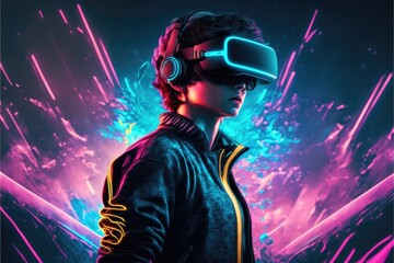 Wall Mural - A young man in VR glasses playing video games with virtual reality headset. Concept of gaming in cyberpunk lifestyles. Finest generative AI.