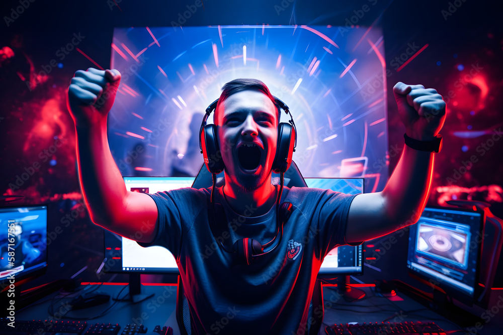 Intelligent Gamer Generative AI. Gaming Glory: Professional eSports Gamer Celebrates in ...