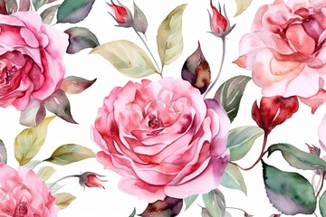 Poster - watercolor pink roses on a white backgroun. Generative AI