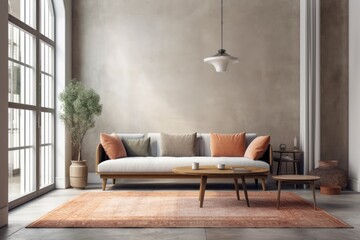 Wall Mural - Nice contemporary room interior. Vibrant, clean design. A wall backed sofa near a wide window. Generative AI