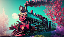 Colorful Background With Steam Train In The Spring. Generative AI