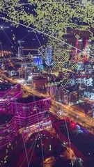 Cityscape with futuristic network connection and data communication. Technology concept. Hyperlapse. High quality 4k footage