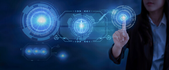 Technology abstract background with person hand touching complex circular diagram on virtual screen with copy-space, innovation, network, big data and internet concept