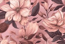 Pink And Brown Floral Wallpaper With Leaves And Flowers. Generative AI
