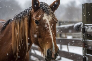 Poster - A Bay horse's close up muzzle face, amusing expression, a view of the wooden stalls and summer stables, and a snowstorm in the clouds. Generative AI