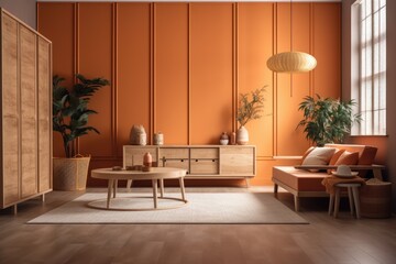 Wall Mural - Orange beige Japanese living room. Hardwood dresser with frame prototype. Marble floor, wallpaper. Modern decor,. Generative AI