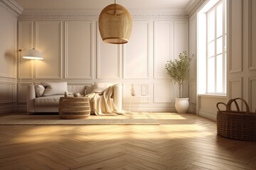 Poster - Empty room with white paneling, rattan coffee table, rug, basket, and cushion on parquet floor. Generative AI