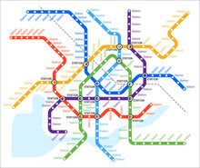 Metro Underground, Subway Transport System Map, Vector Plan With City Lines. Subway Metro Or Underground Tube Map With Stations, Railway Train Or Bus Network And Urban Transport Scheme Template