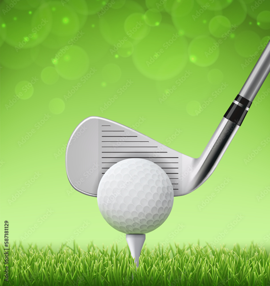 Golf club and ball stick tee on grass field, realistic 3d vector ...