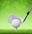 Golf club and ball stick tee on grass field, realistic 3d vector. Golfing sport tournament announcement. Golfer sports game league, golf championship on professional course, competition