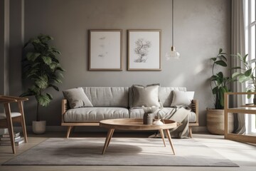 Poster - Grey couch in basic living room,. Generative AI