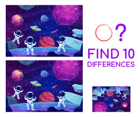 Poster - Find ten differences. Cartoon astronauts in outer space on planet surface. Objects matching quiz, difference spotting game vector worksheet with funny astronaut personage in space, UFO spaceship