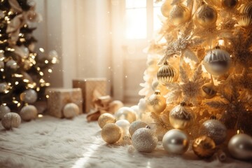 Canvas Print - Christmas tree with lights and ornaments on a gold toy background. Generative AI