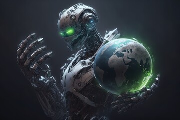 Poster - Robot holding Earth planet. Artificial intelligence concept. Generative AI illustration