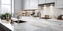 Elegant Minimalist Kitchen With Marble Countertops, Generative Ai