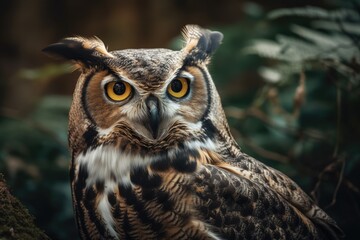 Wall Mural - An image of a great horned owl in a relaxed state. They are a huge, widespread owl with characteristic ear tufts. Generative AI