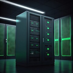 Fototapete - Generative AI illustration of server room with green glowing lights in the center